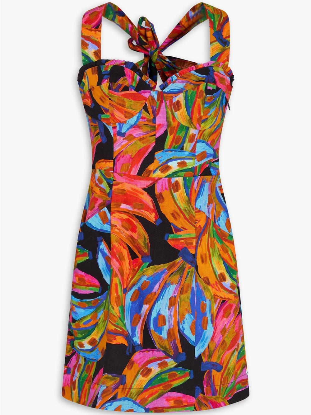 FARM Rio Tropical Rainbow Bananas Tie Shoulder Mini Dress Size XS Linen Blend